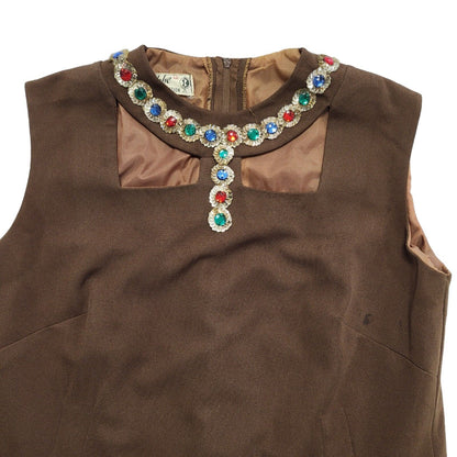 70s Vintage Ma Robe Brown Jewelled Neck Shift Dress Women's 12