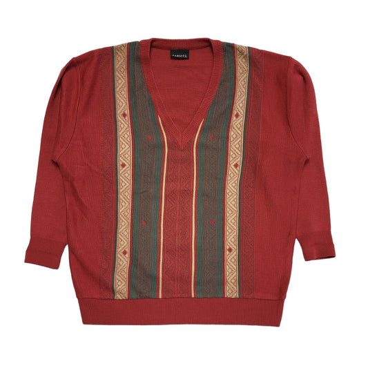 Gabicci Vintage 80s Red Green Striped V-Neck Jumper Men's UK 2XL
