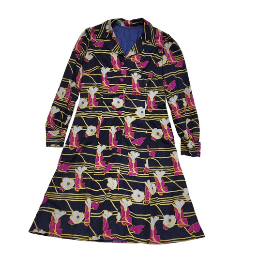 70s Vintage Navy & Purple Floral Collared Long Sleeve Midi Dress Women's 14