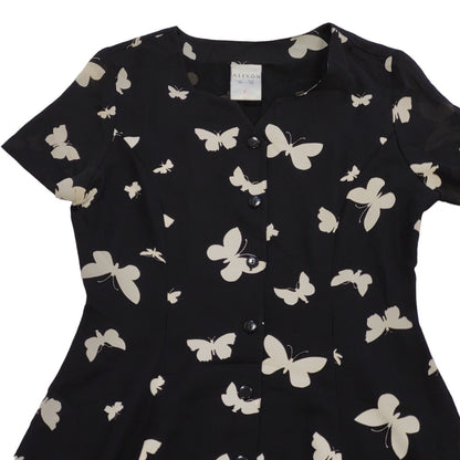 90s Vintage Alexon Black Butterflies Buttoned Daywear Dress Women's Size 12