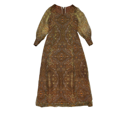 70s Vintage Brown Abstract Patterned Long Sleeved Maxi Dress Women's 10