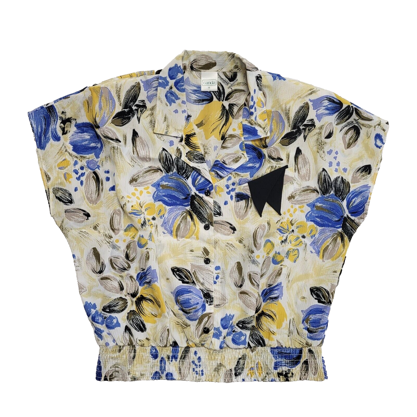 Canda Vintage 70-80s Floral Blue Capped Sleeve Shirt blouse Women's Uk 16