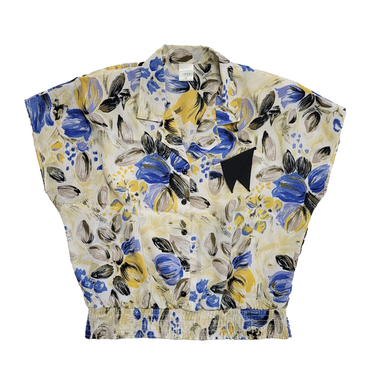 Canda Vintage 70-80s Floral Blue Capped Sleeve Shirt blouse Women's Uk 16