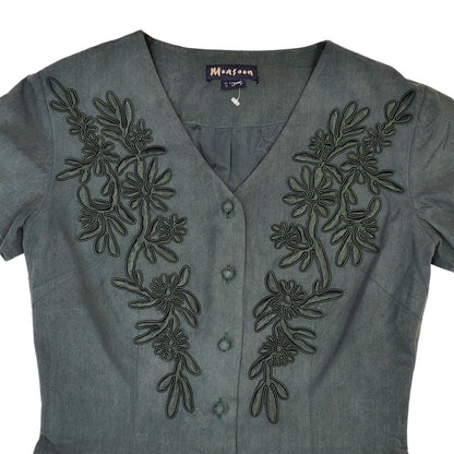 90s Vintage Monsoon Dark Green Silk Buttoned Daywear Dress Women's Size 10