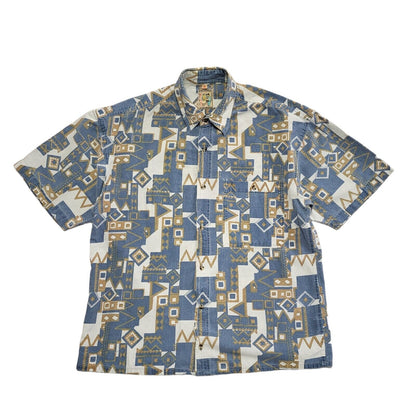 Fashion 90s Blue White Abstract Short Sleeve Retro Shirt Uk Men's Size M