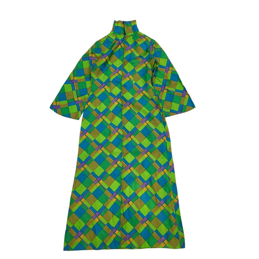 70s Vintage Green & Blue Geometric Zipped Shift Midi Dress Women's Size 10