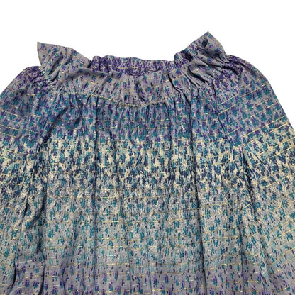 70s Vintage Blue Sparkly Striped Off Shoulder A-Line Daywear Dress Women's 12-14