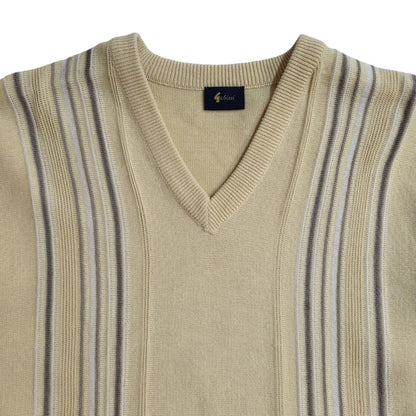 Gabicci Yellow Striped V-Neck Vintage 90's Jumper Men's UK M