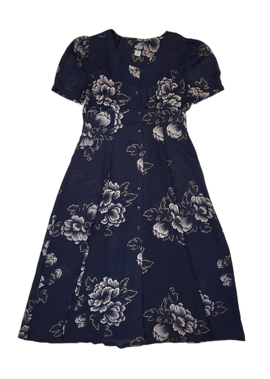 90s Vintage Laurentino Navy Floral Buttoned Daywear Dress Women's Size 16