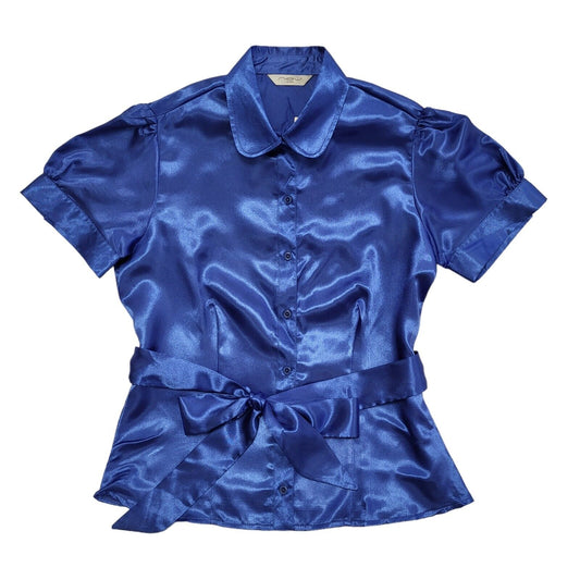 New Look Vintage Y2K Blue Belted Satin Short Sleeve Womens Shirt BNWT Size 12