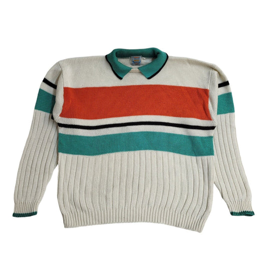 Best Direction Vintage 90's White Green Collared Jumper UK Men's Size L