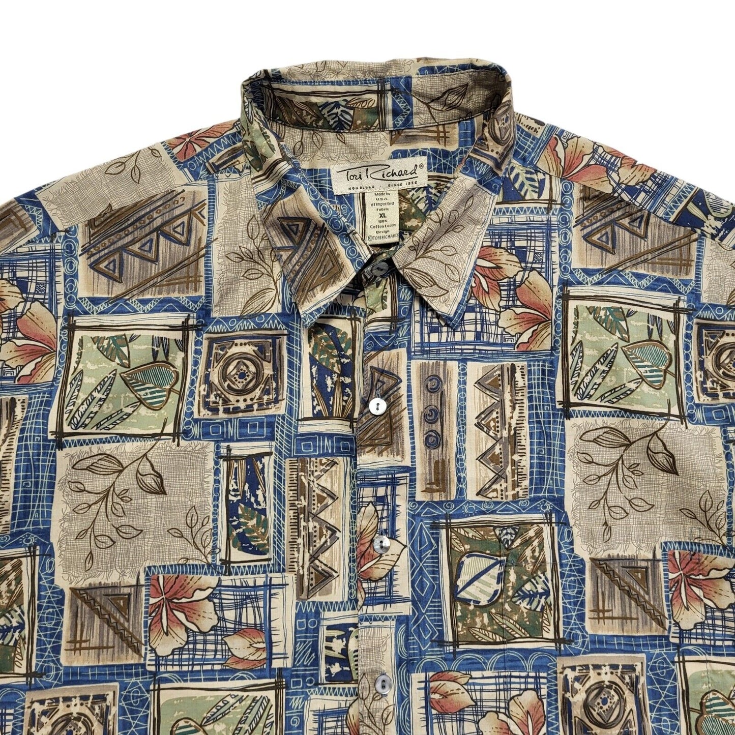 Tori Richard Vintage 90's Beige Blue Abstract Short Sleeve Shirt Men's UK XL