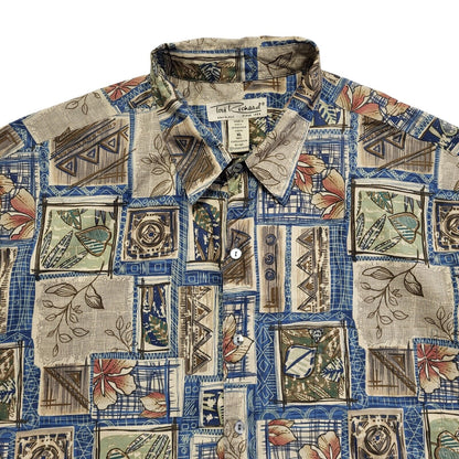 Tori Richard Vintage 90's Beige Blue Abstract Short Sleeve Shirt Men's UK XL