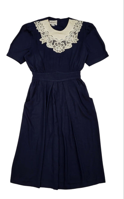 80s Vintage Karin Stevens Navy Lace Trim Dress Women's Size M