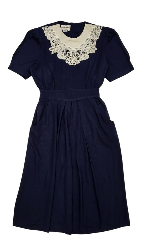 80s Vintage Karin Stevens Navy Lace Trim Dress Women's Size M