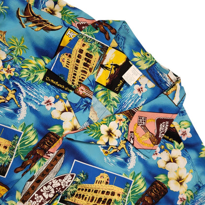 Palmwave Vintage 90's Blue & Green Floral Hawaiian Short Sleeve Shirt Mens UK L