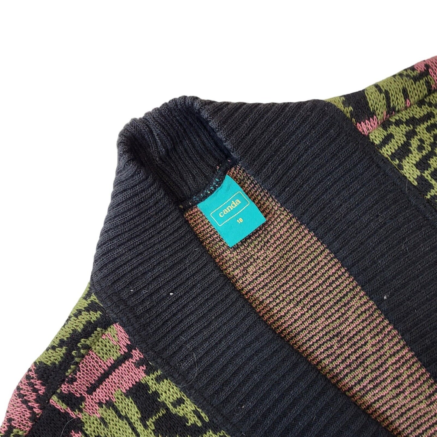 Canda C&A 80s Vintage Black, Green & Pink Floral Open Front  Cardigan Women's 18