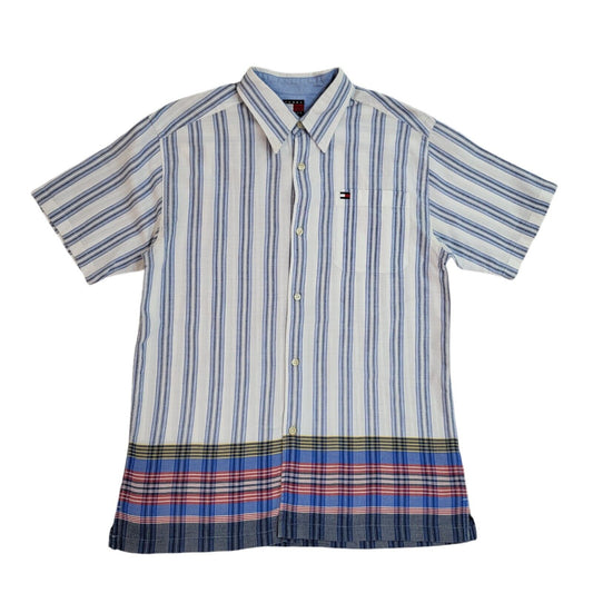 Tommy Hilfiger 90's White & Blue Striped Short Sleeve Shirt Uk Boy's Size L