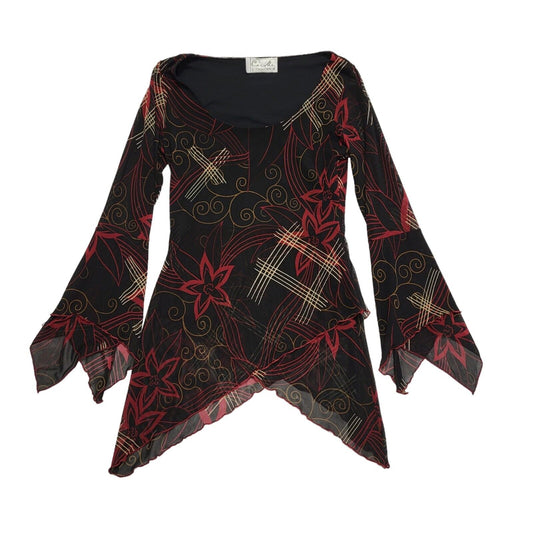 Vintage Y2k Black Red Floral Long Sleeve Blouse Uk Women's size 8