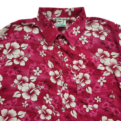Pidoza Vintage 90s Pink White Hibiscus Floral Beach Hawaiian Shirt Uk Men's M