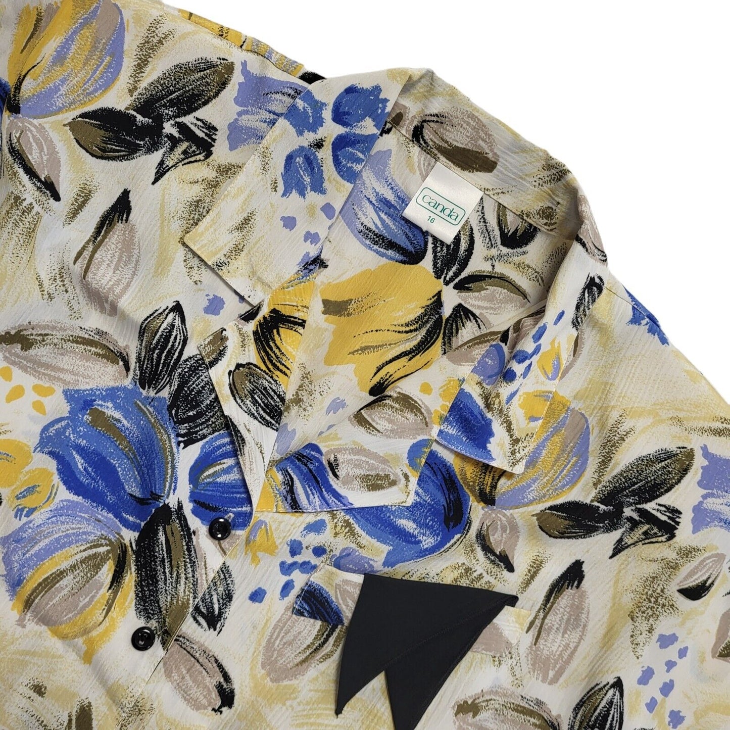 Canda Vintage 70-80s Floral Blue Capped Sleeve Shirt blouse Women's Uk 16