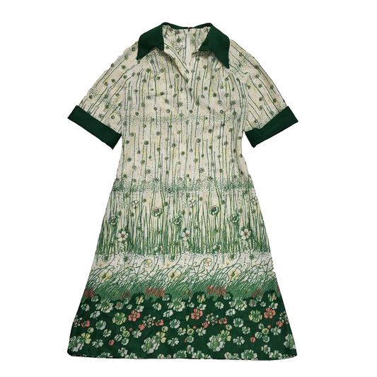 Vintage 70s Green Geometriic Shift Daywear Dress Uk Women's Size 12-14