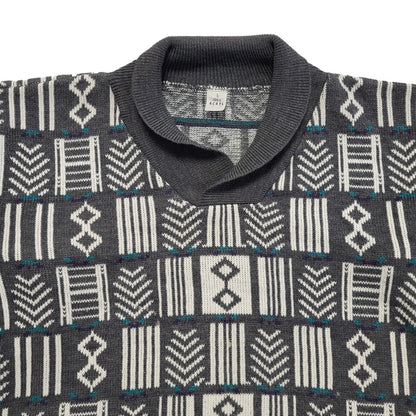 Vintage 80s Grey & White Geometric Collared Jumper Men's UK Large