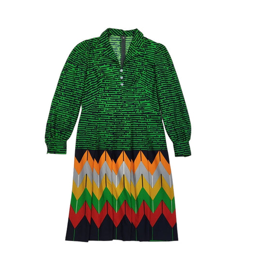 70s Vintage Green Abstract Collared Daywear Dress Women's 12