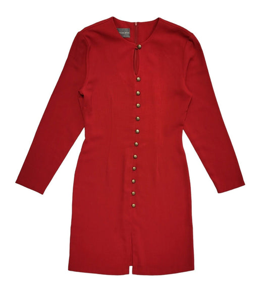 80s Vintage Truworths Red Buttoned Keyhole Detail Dress Women's Size 6-8