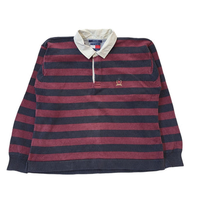 Tommy Hilfiger 90's Vintage Maroon & Black Stripe Collared Jumper Men's Size L