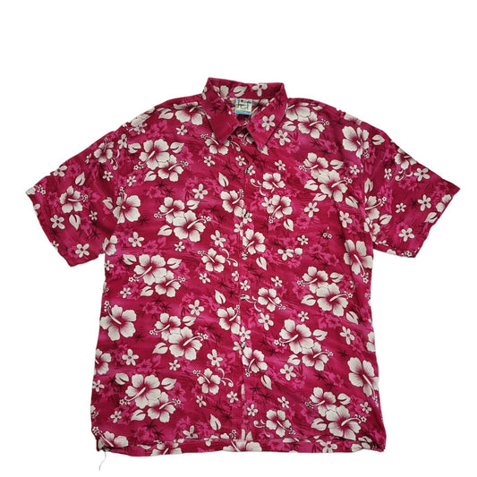 Pidoza Vintage 90s Pink White Hibiscus Floral Beach Hawaiian Shirt Uk Men's M
