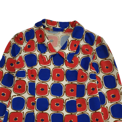 70s Vintage Red & Blue Geometric Long Sleeve Shift Dress Women's Size 14