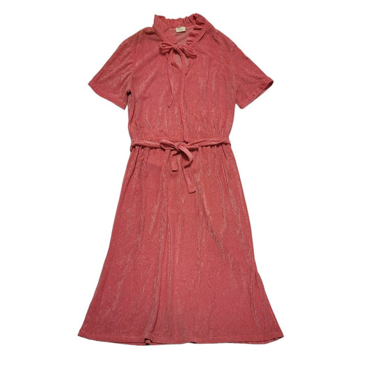 70s Vintage Pink Tied Waist Fit & Flare Acrylic Daywear Dress Women's Size 12-14