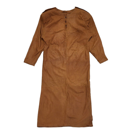 Vintage 80s Brown Leather Long Sleeve Daywear Dress Uk Women's Size 14