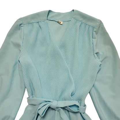 70s Vintage Turquoise Wrap Belted Long Sleeve A-Line Daywear Dress Women's 8