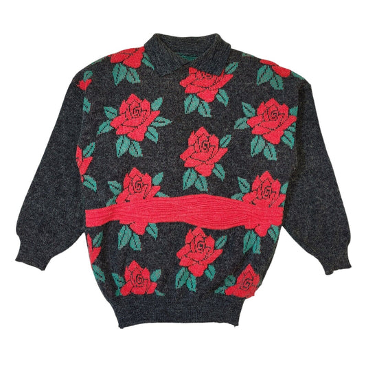 80s Vintage Grey, Red & Green Collared Floral Jumper Women's Size 16 Eu 44