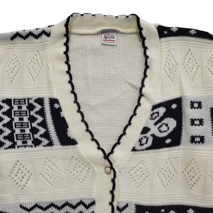 80s Vintage White & Black Button Cardigan Uk Women's Size 16