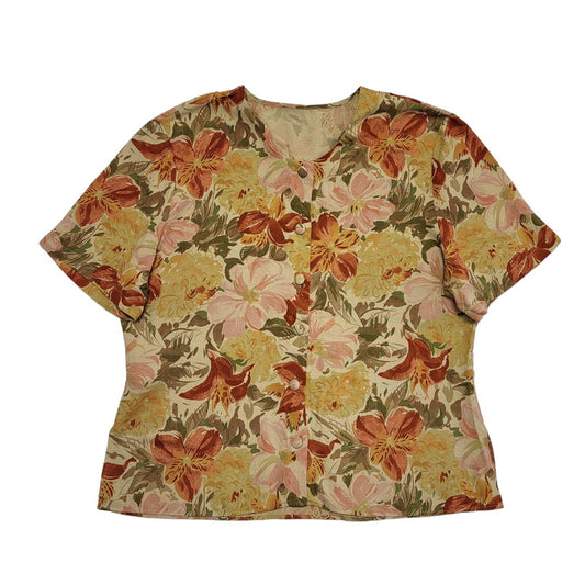 St Michael Vintage 90's Short Sleeve Button Up Floral Orange Blouse Womens UK 16