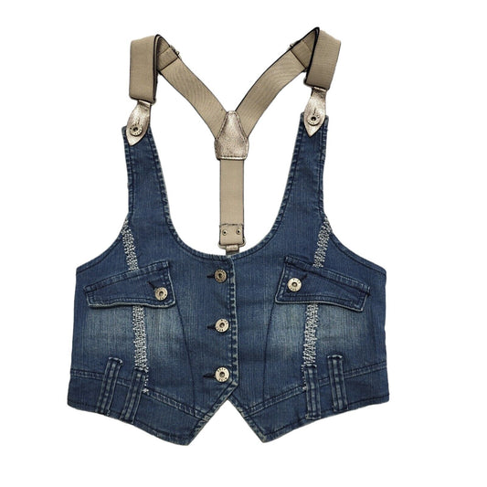 Miss Sexy Blue Denim Vintage Y2K Waistcoat Button Front Womens UK 6
