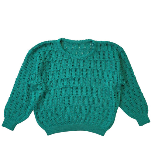 90s Vintage Green Crochet Round Neck Jumper Women's Size Small