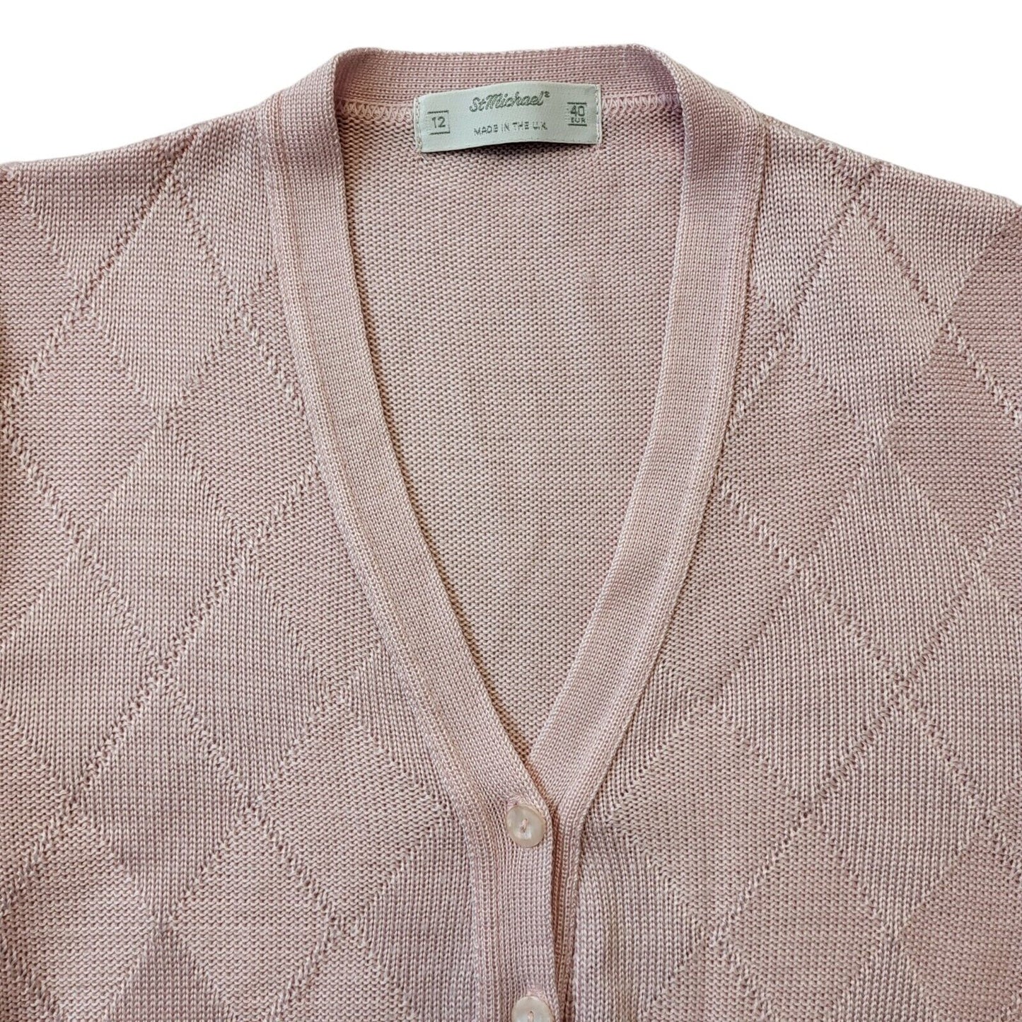 St Michael 90s Vintage Pink Argyle Button Cardigan Women's Size 12 Eu 40