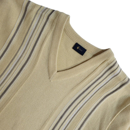 Gabicci Yellow Striped V-Neck Vintage 90's Jumper Men's UK M
