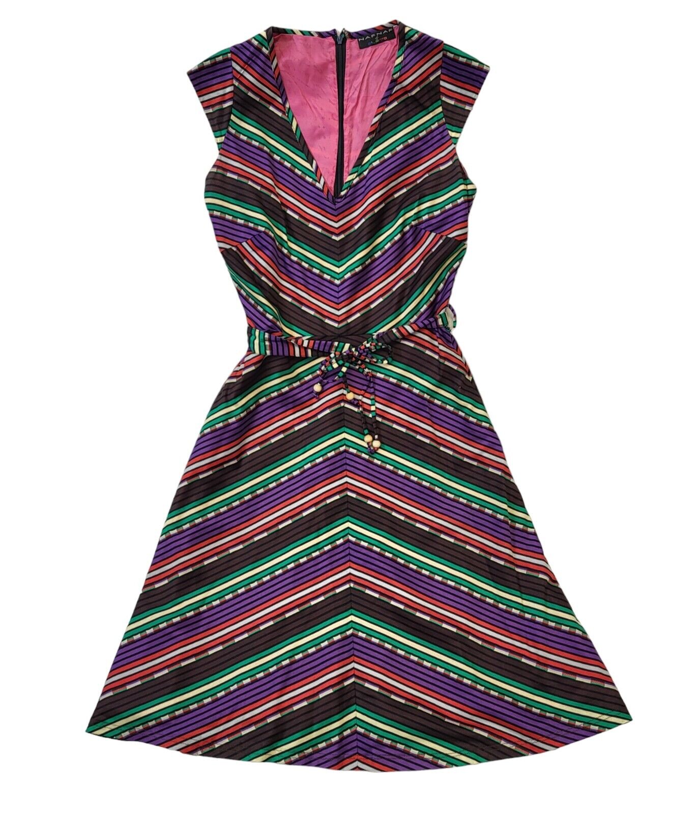Naf Naf 90s Vintage Multicoloured A-Line Belted Dress Women's Size 10