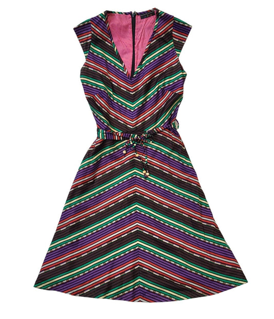 Naf Naf 90s Vintage Multicoloured A-Line Belted Dress Women's Size 10