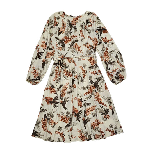 70s Vintage Cream Floral Patterned Rope Belt Daywear Dress Women's 10