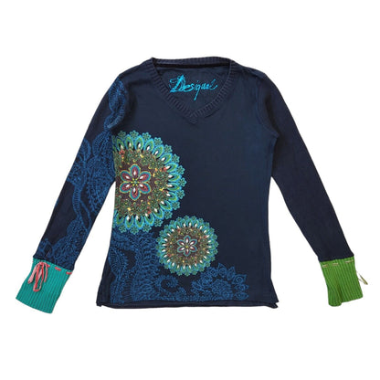 Desigual Y2K Navy Blue Floral V-Neck Jumper Vintage Women's Medium