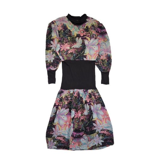 80s Vintage Floral Drop Waist Dress Women's Size 8