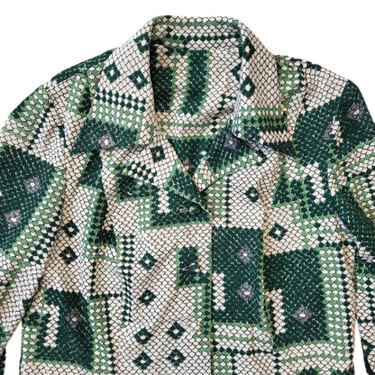 70s Vintage Green Geometric Buttoned Collared Daywear Dress Women's Size 14