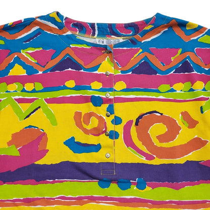 Together Vintage 90s Multicoloured Henley Short Sleeve T-Shirt Womens UK 16/18