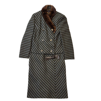 70s Vintage Koupy Grey & Brown Striped Jacket & Dress Women's Size 14 Eu 42